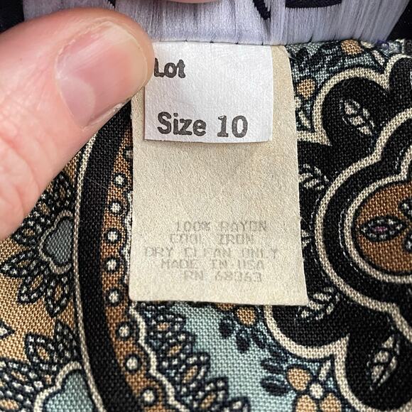 Vintage Faux Patchwork Print Dress, 1990s Bohemian Rayon Midi, Sz M April Rain - Picture 12 of 13